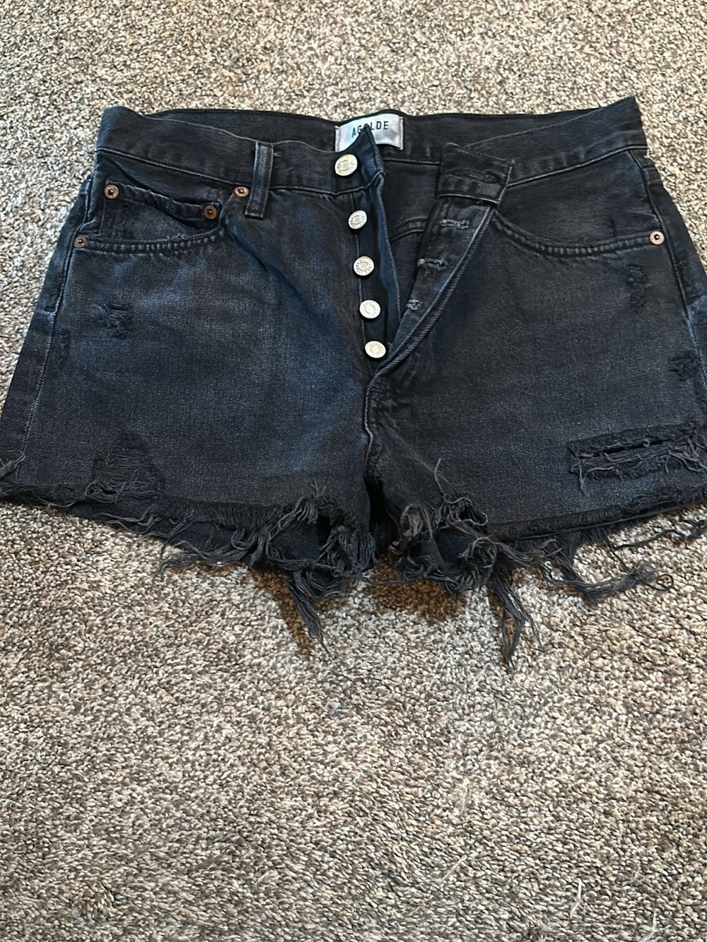 Agolde Black Distressed High-Rise Button-Fly Denim Shorts